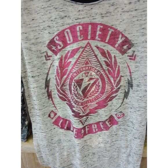 Rustic American Society T-Shirt Long Sleeve Gray & Pink Large - Picture 2 of 5